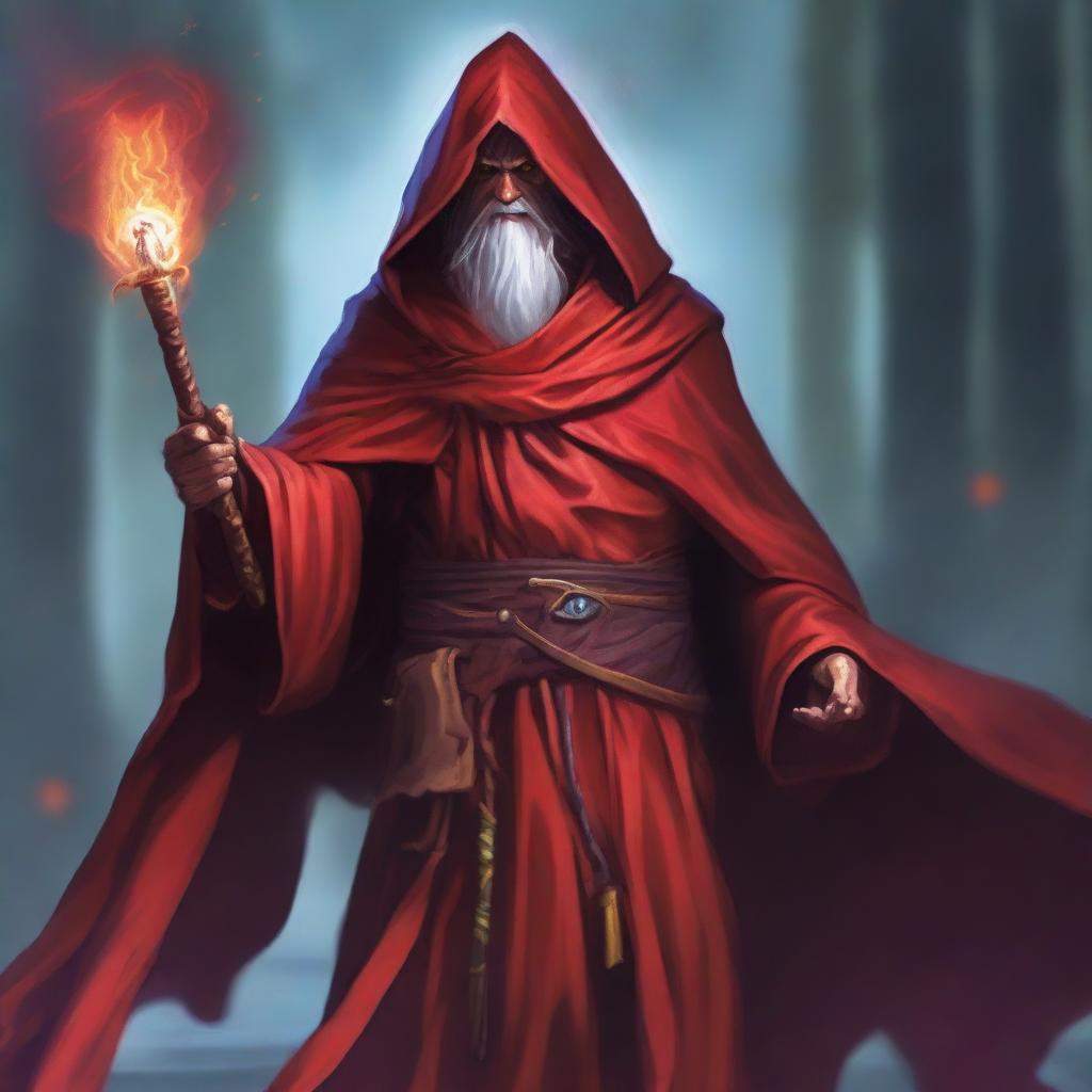 A Gith wizard from the world of Dungeons and Dragons, cloaked in a vibrant red robe, is holding a magical staff