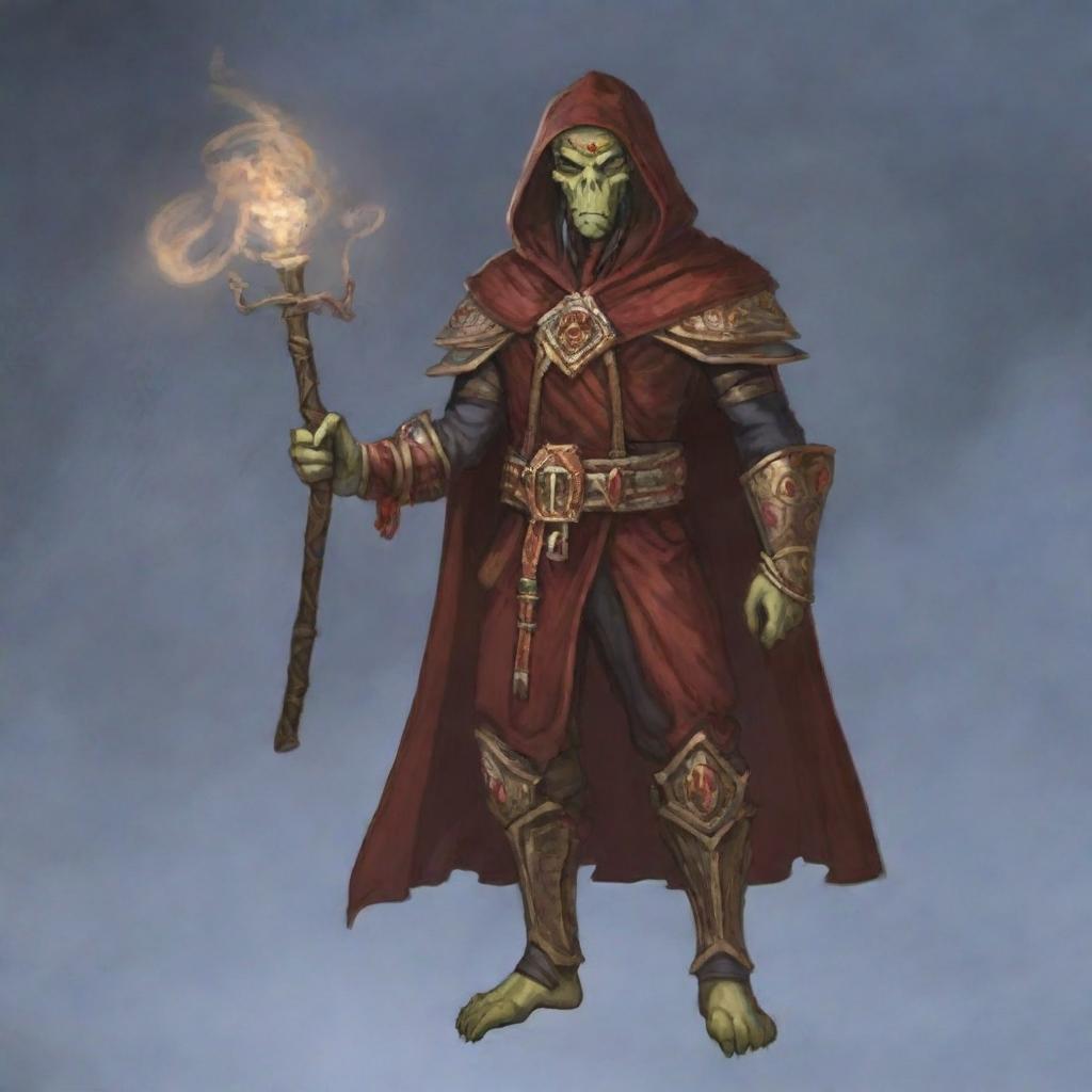 A hooded Githyanki wizard dressed in red robes is holding a staff