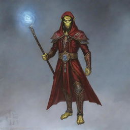 A hooded Githyanki wizard dressed in red robes is holding a staff