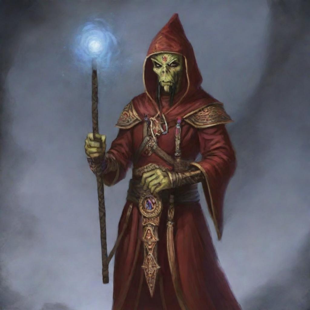 A hooded Githyanki wizard dressed in red robes is holding a staff