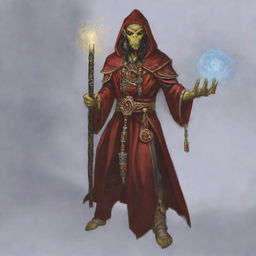 A hooded Githyanki wizard dressed in red robes is holding a staff