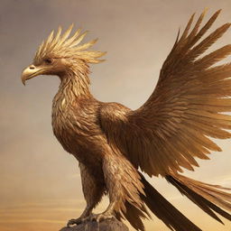 A strikingly realistic metal phoenix with an aggressive beak, adorned with incredibly long golden feathers, soaring through a golden-hued sky.