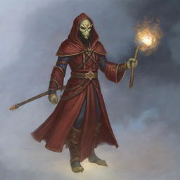 A hooded Githyanki wizard dressed in billowing red robes is holding a long staff