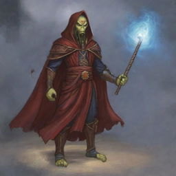 A hooded Githyanki wizard dressed in billowing red robes is holding a long staff