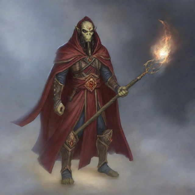 A hooded Githyanki wizard dressed in billowing red robes is holding a long staff