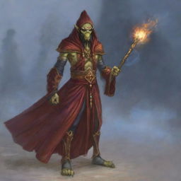 A hooded Githyanki wizard dressed in billowing red robes is holding a long staff