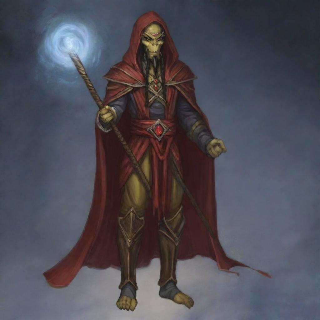 A hooded Githyanki wizard is dressed in flowing red robes, holding a long staff