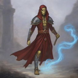 A hooded Githyanki wizard is dressed in flowing red robes, holding a long staff