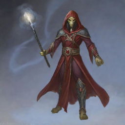 A hooded Githyanki wizard is dressed in flowing red robes, holding a long staff