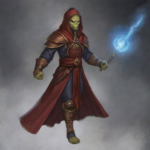 A hooded Githyanki wizard is dressed in flowing red robes, holding a long staff