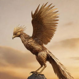 A strikingly realistic metal phoenix with an aggressive beak, adorned with incredibly long golden feathers, soaring through a golden-hued sky.