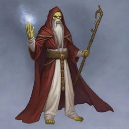 A hooded Githyanki wizard with a long white beard is dressed in long red robes, holding a large staff