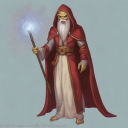 A hooded Githyanki wizard with a long white beard is dressed in long red robes, holding a large staff