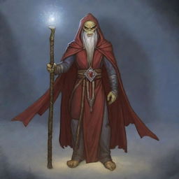 A hooded Githyanki wizard with a long white beard is dressed in long red robes, holding a large staff