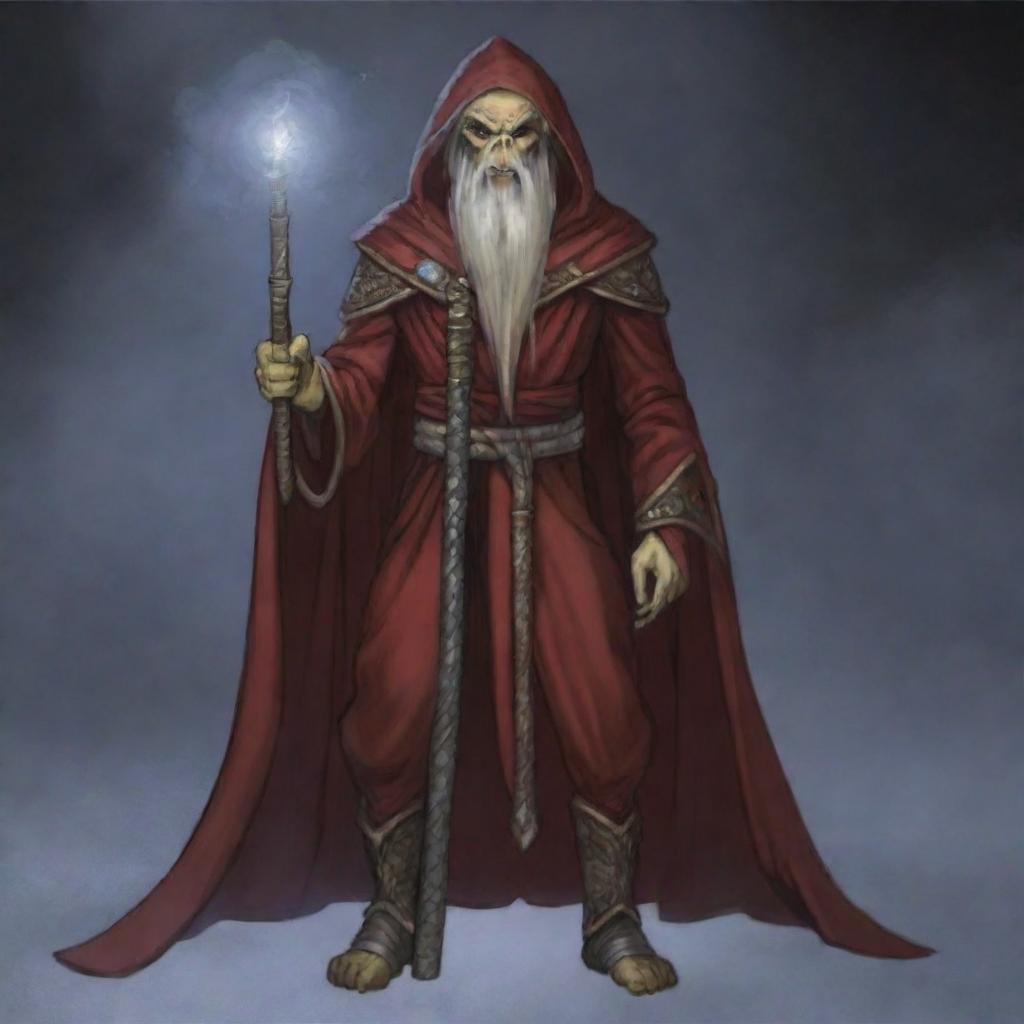 A hooded Githyanki wizard with a long white beard is dressed in long red robes, holding a large staff