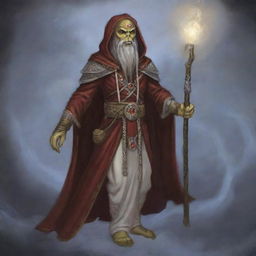 A hooded Githyanki wizard with a long white beard is dressed in ornate red robes, holding a large staff