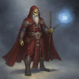 A hooded Githyanki wizard with a long white beard is dressed in ornate red robes, holding a large staff