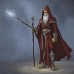 A hooded Githyanki wizard with a long white beard is dressed in ornate red robes, holding a large staff