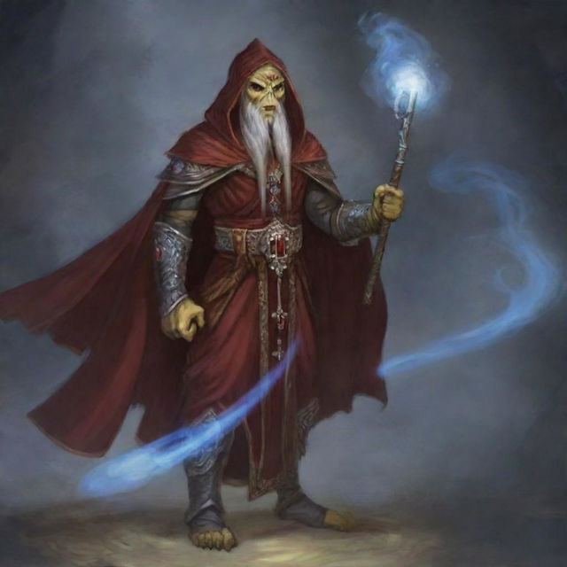 A hooded Githyanki wizard with a long white beard is dressed in ornate red robes, holding a large staff