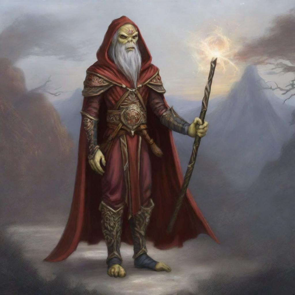 Digital art of a hooded Githyanki wizard with a long, white beard