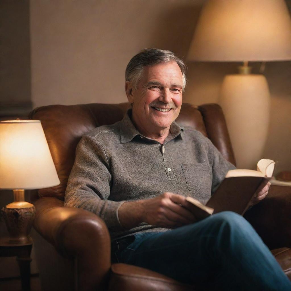 A mature man with an enigmatic smile, sitting comfortably in a plush leather chair, a book in his hand, under the soft glow of a crafting lamp.