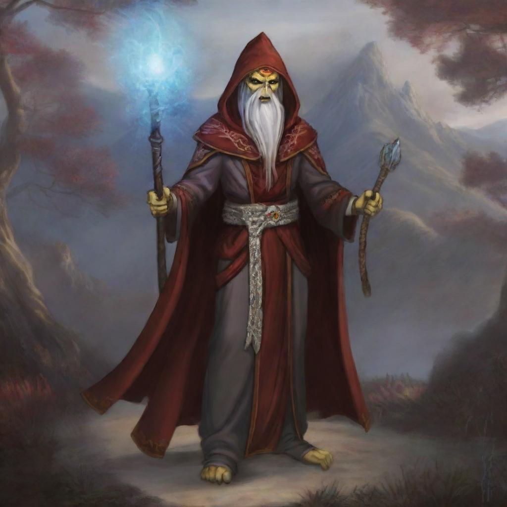 Digital art of a hooded Githyanki wizard with a long, white beard