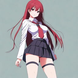 Create an anime style image of a tall, skinny, and fit woman who resembles Makima, Mitsuru Kirijo, and Rias Gremory