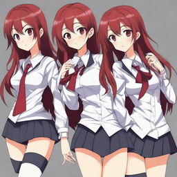 Create an anime style image of a tall, skinny, and fit woman who resembles Makima, Mitsuru Kirijo, and Rias Gremory