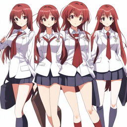 Create an anime style image of a tall, skinny, and fit woman who resembles Makima, Mitsuru Kirijo, and Rias Gremory