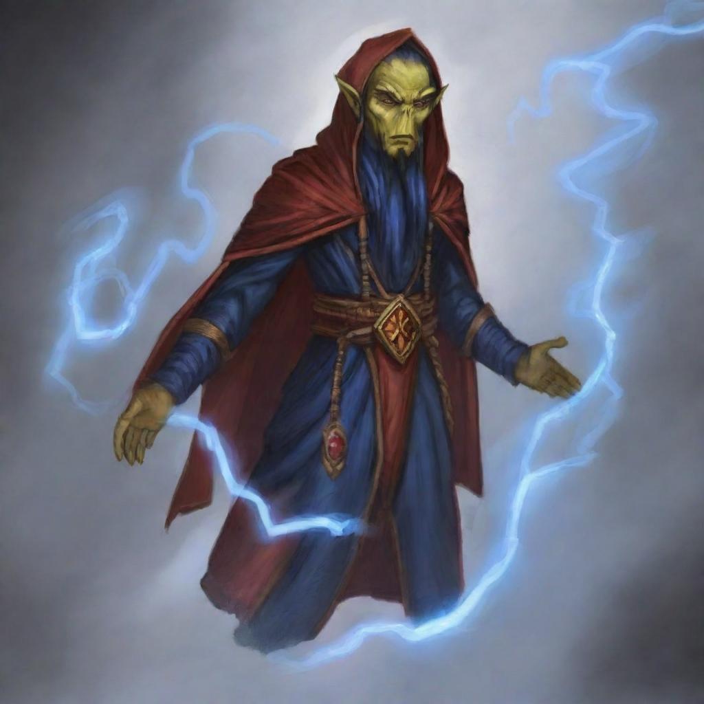 A hooded Githyanki wizard dressed in vibrant red robes