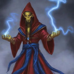 A hooded Githyanki wizard dressed in vibrant red robes