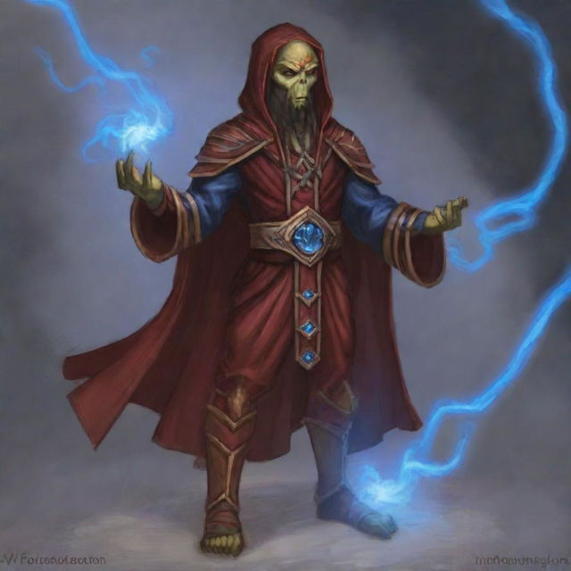 A hooded Githyanki wizard dressed in vibrant red robes