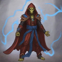 A hooded Githyanki wizard dressed in vibrant red robes