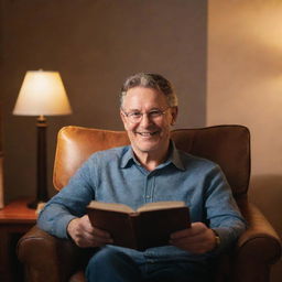 A mature man with an enigmatic smile, sitting comfortably in a plush leather chair, a book in his hand, under the soft glow of a crafting lamp.