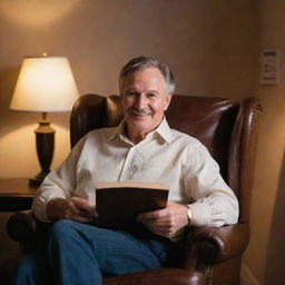 A mature man with an enigmatic smile, sitting comfortably in a plush leather chair, a book in his hand, under the soft glow of a crafting lamp.