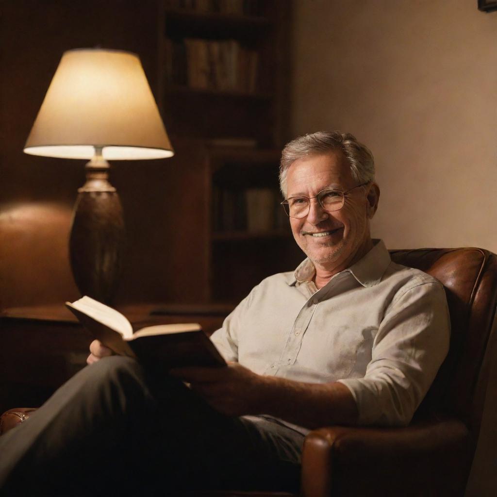 A mature man with an enigmatic smile, sitting comfortably in a plush leather chair, a book in his hand, under the soft glow of a crafting lamp.