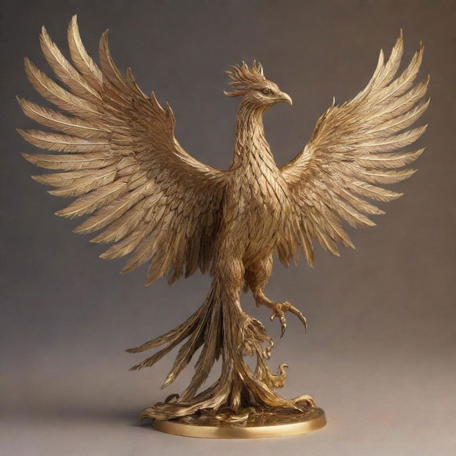 An exquisitely realistic phoenix sculpted from precious metals - silver, bronze, and gold - with aggressively long plumes, soaring through a resplendent, gold-tinted sky.