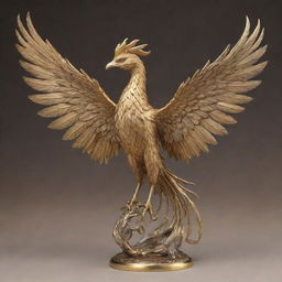 An exquisitely realistic phoenix sculpted from precious metals - silver, bronze, and gold - with aggressively long plumes, soaring through a resplendent, gold-tinted sky.