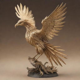 An exquisitely realistic phoenix sculpted from precious metals - silver, bronze, and gold - with aggressively long plumes, soaring through a resplendent, gold-tinted sky.