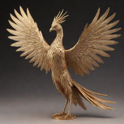 An exquisitely realistic phoenix sculpted from precious metals - silver, bronze, and gold - with aggressively long plumes, soaring through a resplendent, gold-tinted sky.