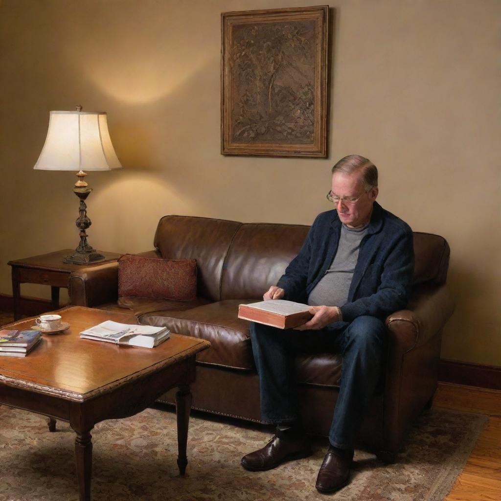 The same mature man, earlier seated, now stands up from the plush leather chair, placing his book on a walnut coffee table beside him, under the friendly glow of the lamp.