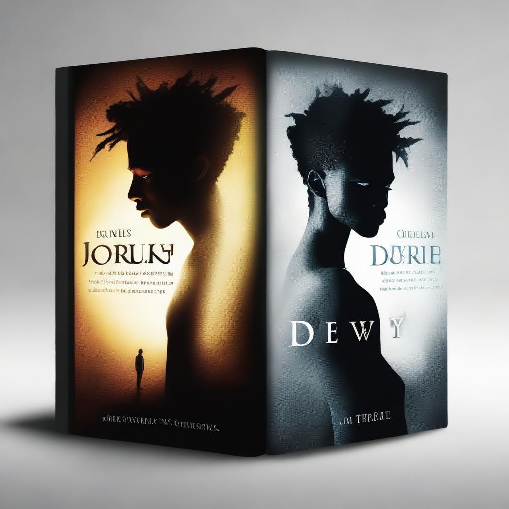 Create a high quality digital book cover that strikingly illustrates the theme of duality, featuring a vivid contrast between light and shadow