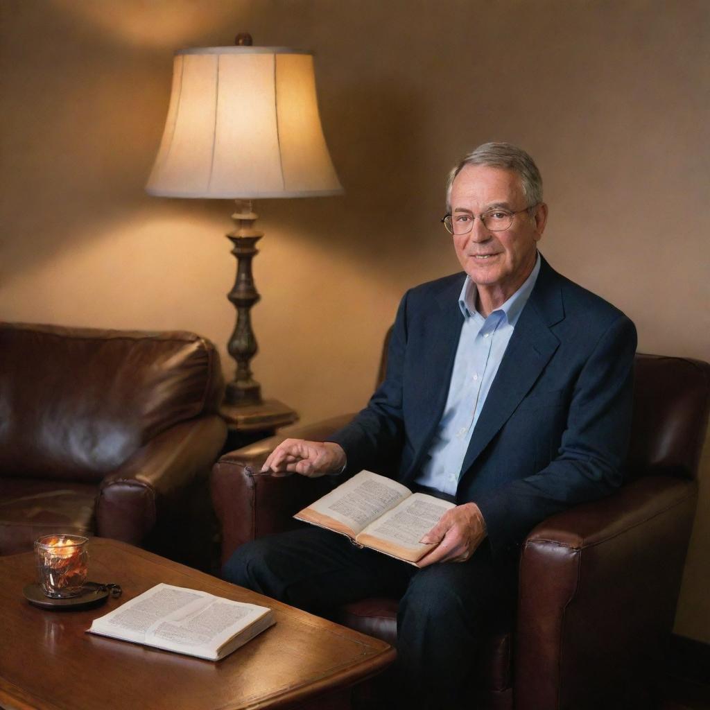 The same mature man, earlier seated, now stands up from the plush leather chair, placing his book on a walnut coffee table beside him, under the friendly glow of the lamp.