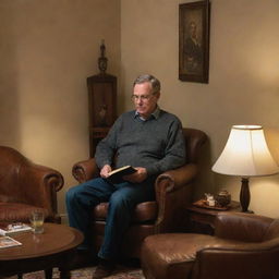 The same mature man, earlier seated, now stands up from the plush leather chair, placing his book on a walnut coffee table beside him, under the friendly glow of the lamp.