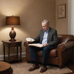 The same mature man, earlier seated, now stands up from the plush leather chair, placing his book on a walnut coffee table beside him, under the friendly glow of the lamp.