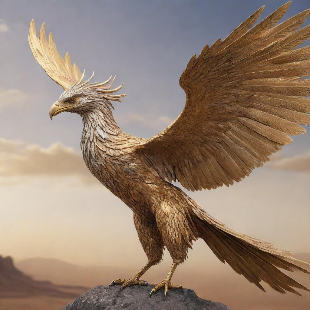 A strikingly realistic phoenix, crafted out of metallic materials - silver and bronze, with an aggressive beak and incredibly long feathers, depicted soaring through a golden-hued landscape of sky.