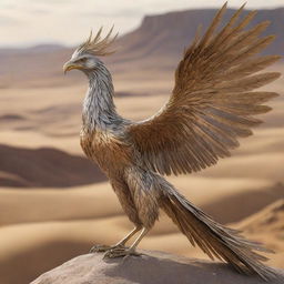 A strikingly realistic phoenix, crafted out of metallic materials - silver and bronze, with an aggressive beak and incredibly long feathers, depicted soaring through a golden-hued landscape of sky.