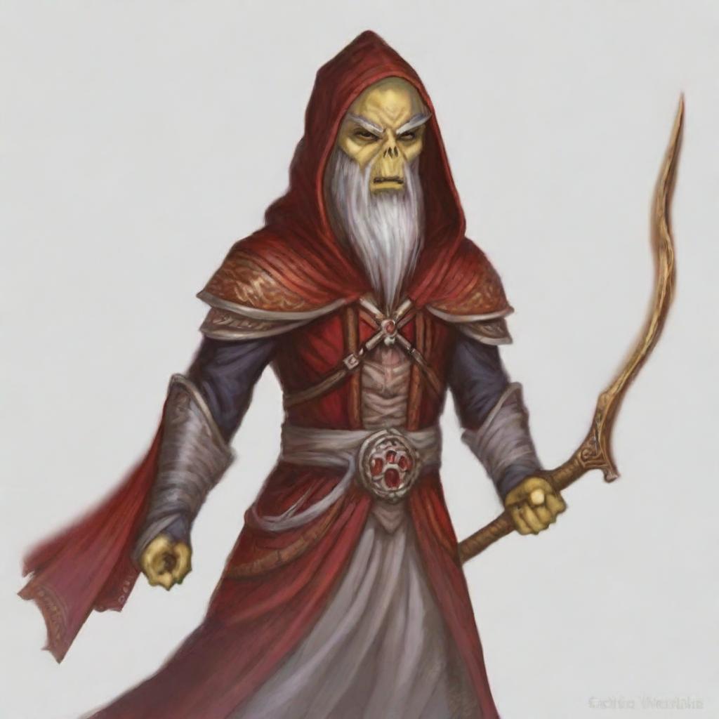 Create a portrait image of a hooded Githyanki wizard with white skin and a white beard