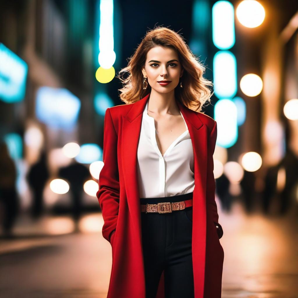 A beautiful woman, stylishly dressed in a fashionable outfit, striking a confident pose