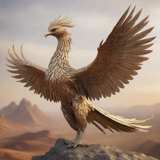 A strikingly realistic phoenix, crafted out of metallic materials - silver and bronze, with an aggressive beak and incredibly long feathers, depicted soaring through a golden-hued landscape of sky.